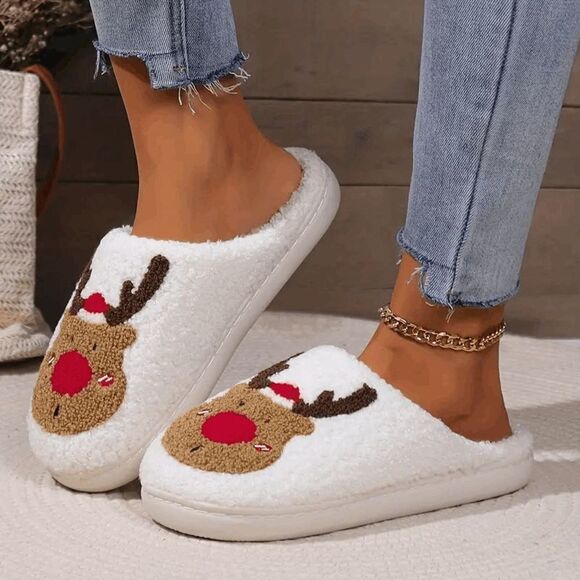 Reindeer Christmas Fuzzy Smiley Face Slippers Size 6.5/7 - Picture 7 of 8